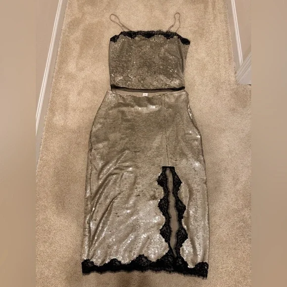 J.Crew Gwyneth lace-trim slip skirt with sequins and Matching Camisole top L/12 - Picture 3 of 4